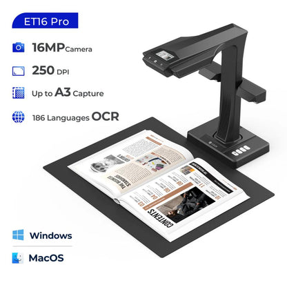CZUR ET16 Plus | 16MP Professional Book & Document Scanner | A3 Scanning | 1.5-Second Dual-Page Scan | Curve Flattening | 2.4" TFT Display | ABBYY OCR (180+ Languages)