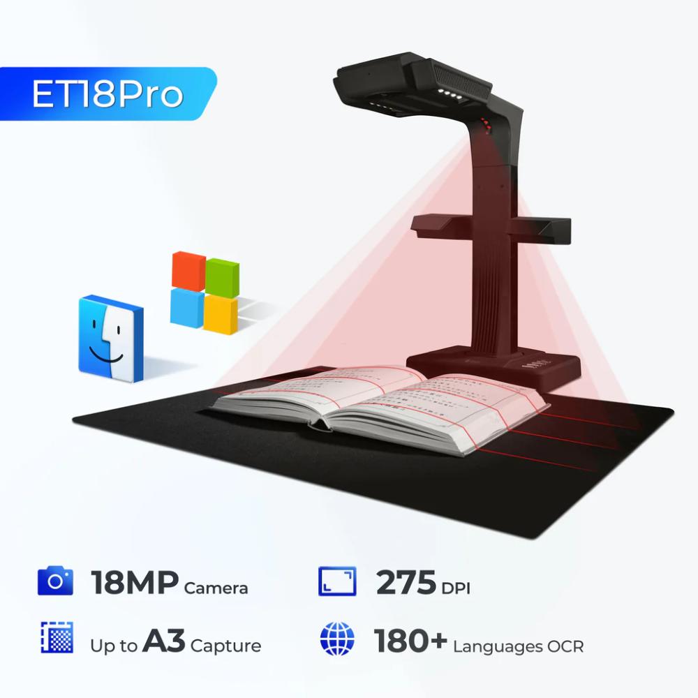 CZUR ET18 Pro | 18MP Professional Book & Document Scanner | A3 Scanning | 1.5-Second Dual-Page Scan | WiFi | Curve Flattening | ABBYY OCR (180+ Languages) | 2.4" TFT Display