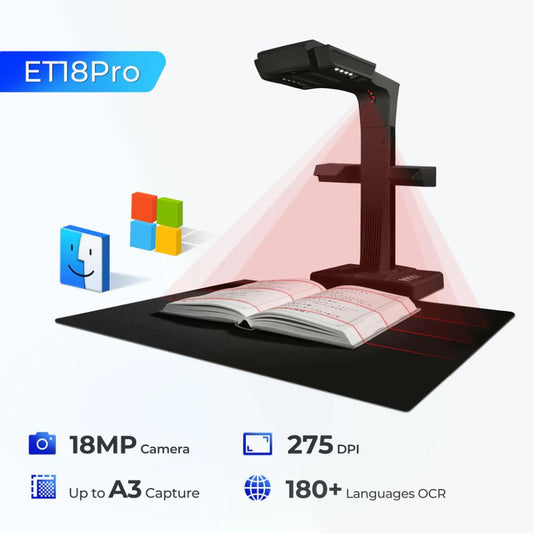 CZUR ET18 Pro | 18MP Professional Book & Document Scanner | A3 Scanning | 1.5-Second Dual-Page Scan | WiFi | Curve Flattening | ABBYY OCR (180+ Languages) | 2.4" TFT Display