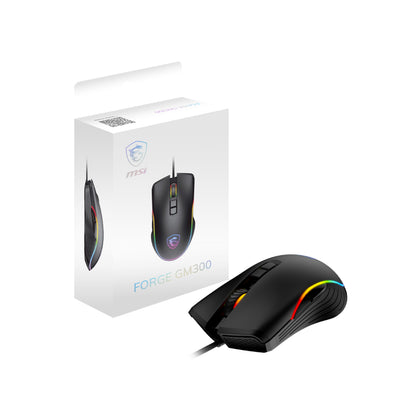 MSI FORGE GM300 | Lightweight RGB Gaming Mouse | 6 Programmable Buttons | 6400 DPI Optical Sensor | Omron Switches | RGB Mystic Light | Ergonomic Design | USB Wired | Black | For FPS, MOBA, and Competitive Gaming