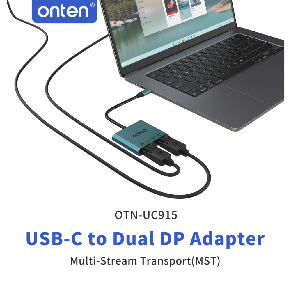 Onten UC915 | USB-C to Dual DisplayPort Converter | MST + SST Support | 4K@60Hz | Three-Screen Heterodyne | Plug & Play | For MacBook, Surface, Dell XPS, HP Spectre, USB-C Laptops/Tablets