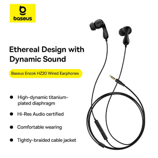 Baseus Encok HZ20 | 3.5mm Wired In-Ear Headset | Stereo Sound | In-Line Mic | Metal Housing | Ergonomic Fit | Tangle-Free Cable | Black / Silver | For Phones, Tablets, Laptops, Audio Devices with 3.5mm Jack