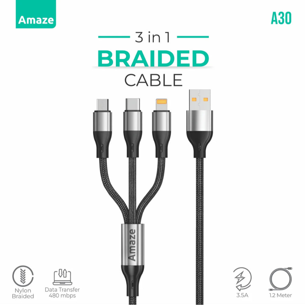 Amaze A30 3-in-1 | USB to Micro/Type-C/Lightning Cable | 3.5A Fast Charging, 1.2m, Braided Durable, Universal Compatibility