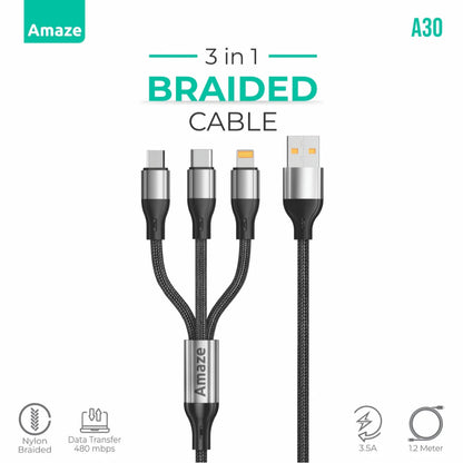 Amaze A30 3-in-1 | USB to Micro/Type-C/Lightning Cable | 3.5A Fast Charging, 1.2m, Braided Durable, Universal Compatibility
