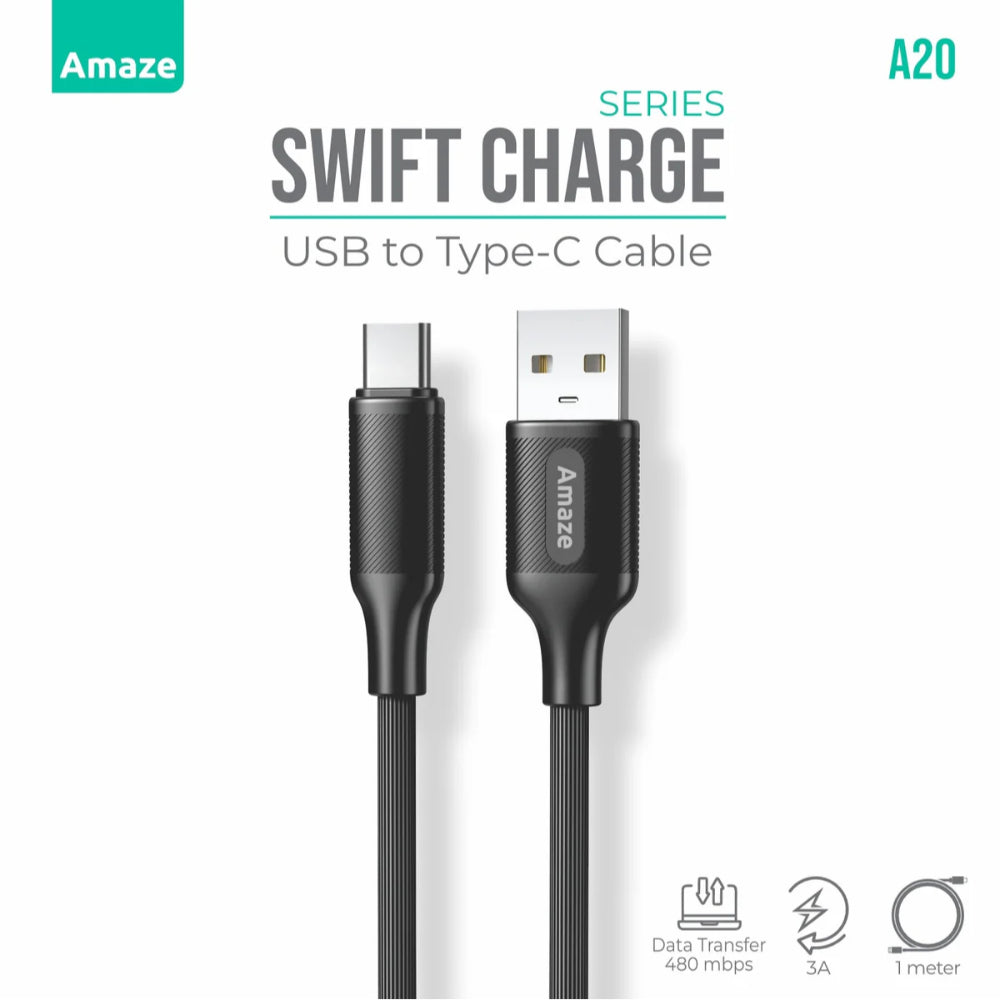 Amaze Swift Series A20 | USB to Type-C Cable (3A Fast Charging, 1m, Data Sync, Black)