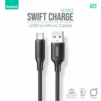 Amaze Swift Series A22 | USB to Micro USB Cable (2.4A Fast Charging, 1m, Data Sync, Black)
