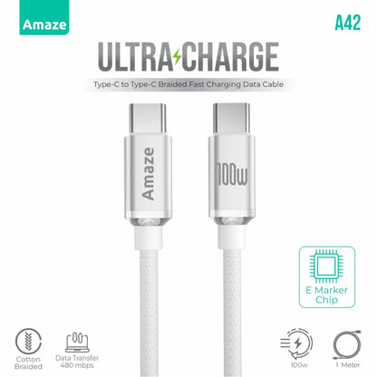 Amaze Ultra Charge A42 | Type-C to Type-C Cable (100W PD, 1m, Fast Charging, Braided, High-Speed Data)