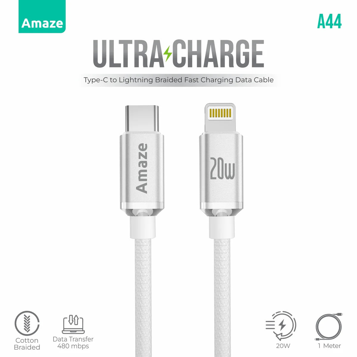 Amaze Ultra Charge A44 | Type-C to Lightning Cable (20W PD, 1m, Fast Charging, Braided, Apple-Compatible)