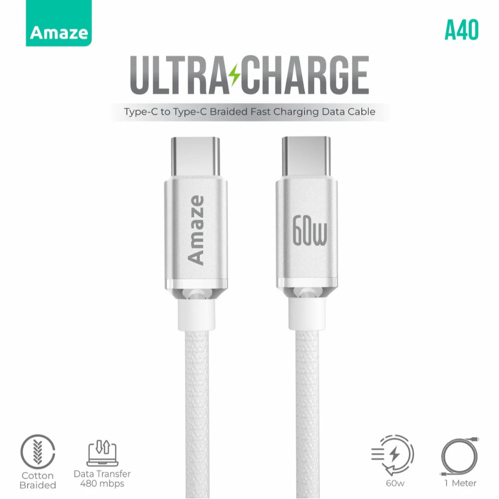 Amaze Ultra Charge A40 | Type-C to Type-C Cable (60W Power Delivery, 1m, Fast Charging, Braided)