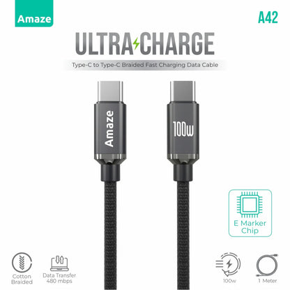 Amaze Ultra Charge A42 | Type-C to Type-C Cable (100W PD, 1m, Fast Charging, Braided, High-Speed Data)