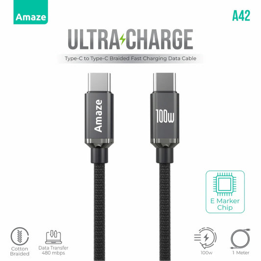 Amaze Ultra Charge A42 | Type-C to Type-C Cable (100W PD, 1m, Fast Charging, Braided, High-Speed Data)