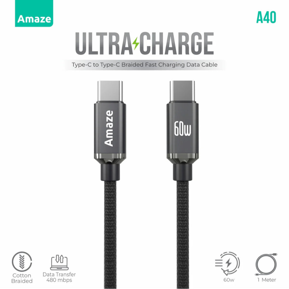 Amaze Ultra Charge A40 | Type-C to Type-C Cable (60W Power Delivery, 1m, Fast Charging, Braided)