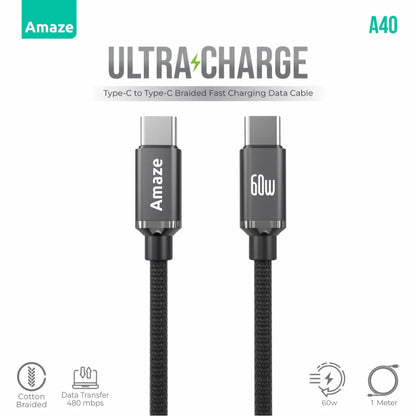 Amaze Ultra Charge A40 | Type-C to Type-C Cable (60W Power Delivery, 1m, Fast Charging, Braided)