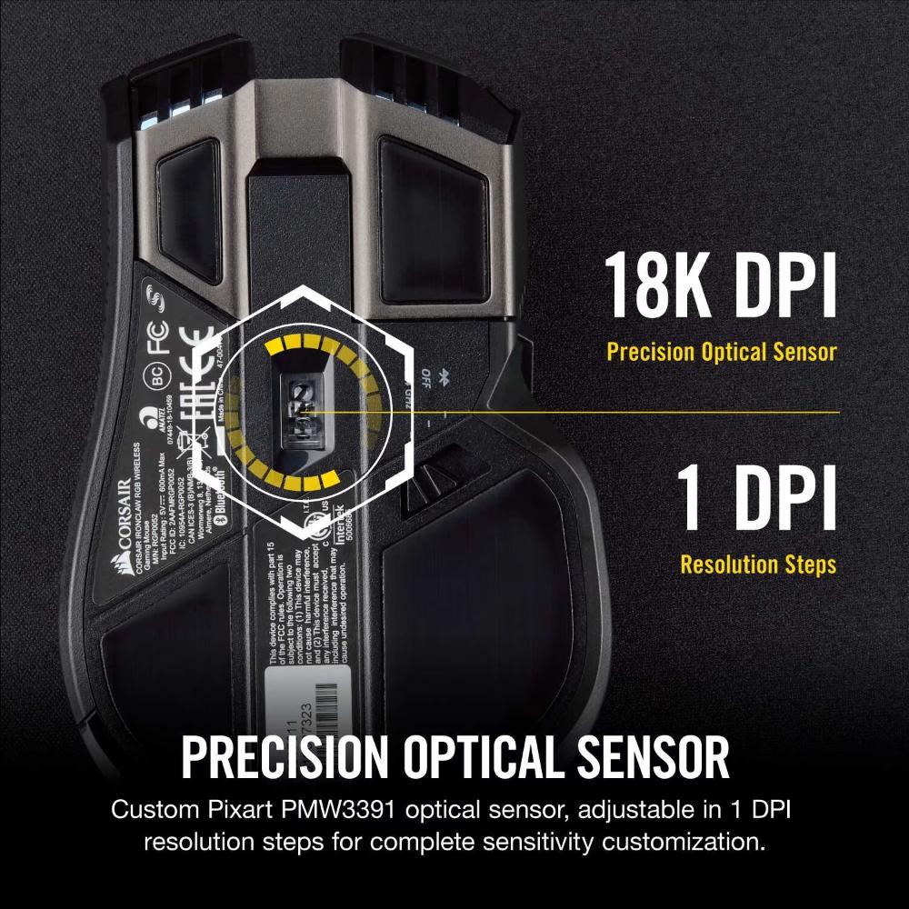CORSAIR IRONCLAW RGB WIRELESS Gaming Mouse | 18,000 DPI PMW3391 Optical Sensor | SLIPSTREAM Wireless | Bluetooth | USB Wired | RGB