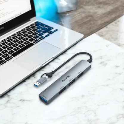 Amaze A314 | USB + Type-C to 4-Port USB 3.0 Hub | Aluminum Alloy, 5Gbps Speed, Dual Input