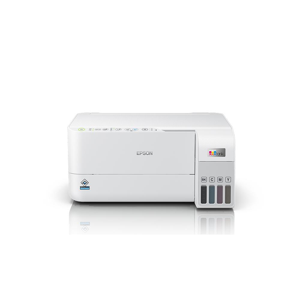 Epson EcoTank L3556 ink tank printer in white, featuring a compact design with integrated ink tanks and a control panel.