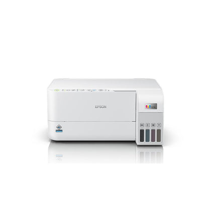 Epson EcoTank L3556 ink tank printer in white, featuring a compact design with integrated ink tanks and a control panel.
