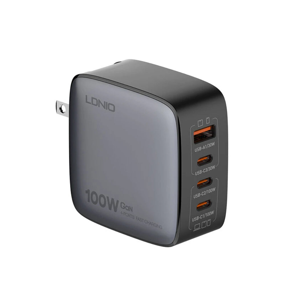 LDNIO Q408 | 100W GaN Super Fast Charger, 3×USB-C + 1×USB-A, PD & QC, Foldable Plug, US/UK/EU Adapter