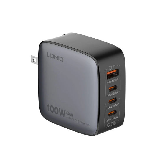 LDNIO Q408 | 100W GaN Super Fast Charger, 3×USB-C + 1×USB-A, PD & QC, Foldable Plug, US/UK/EU Adapter