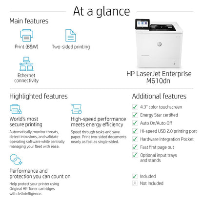 HP LaserJet Enterprise M610dn | High-Speed Enterprise Monochrome Laser Printer | 55 PPM | Duplex | Gigabit Ethernet