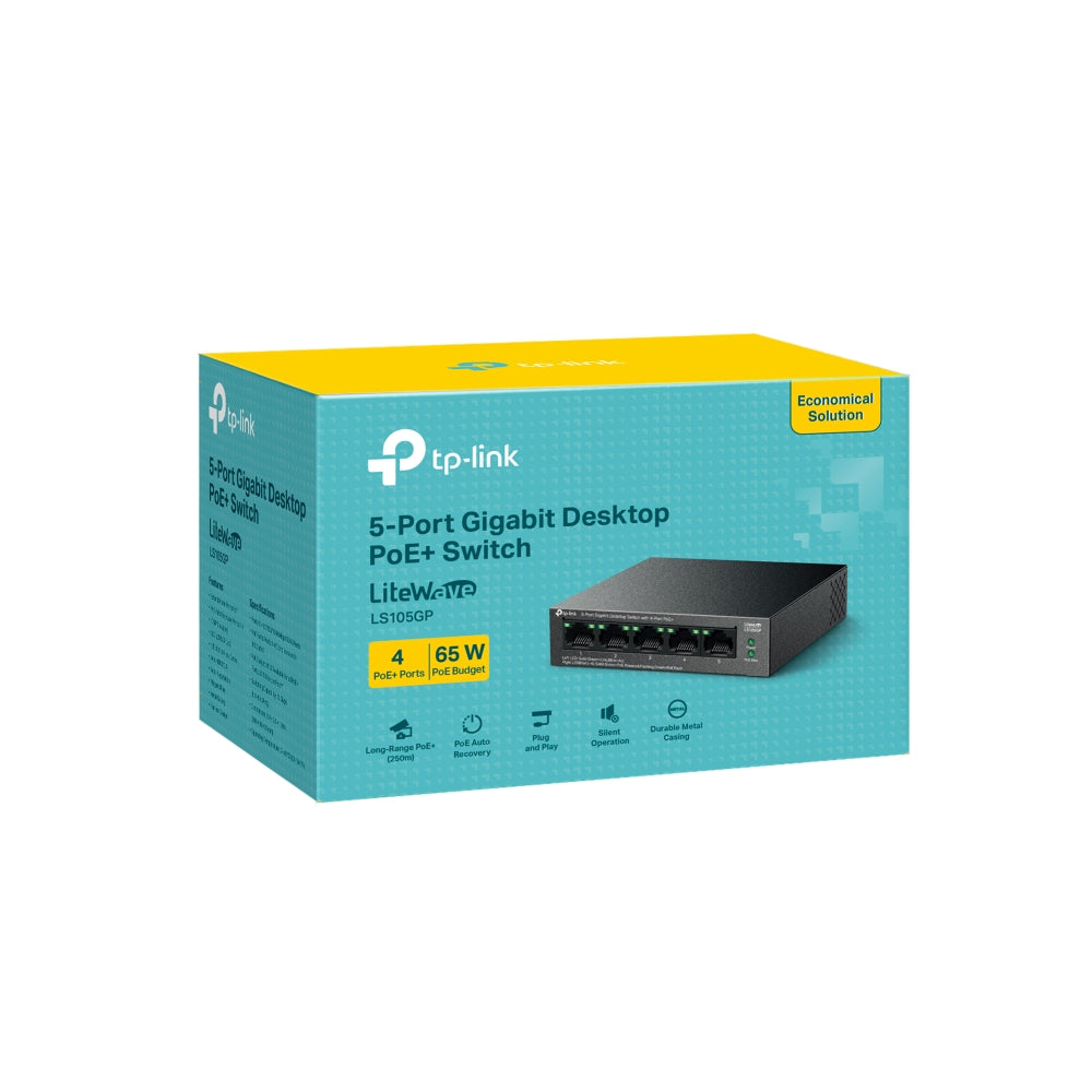 TP-Link LS105GP 5-Port Gigabit Desktop Switch with 4-Port PoE+ | High-Speed Power Delivery with Long-Range PoE and Silent Operation