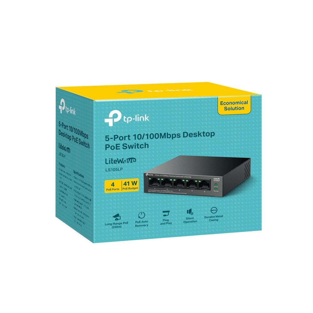 TP-Link LS105LP 5-Port 10/100Mbps Desktop Switch with 4-Port PoE | Compact, Long-Range Power Delivery with Silent Operation