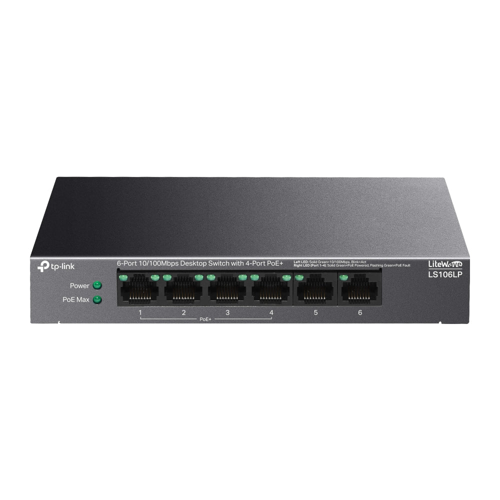 TP-Link LS106LP 6-Port 10/100Mbps Desktop Switch with 4-Port PoE+ | Smart Power Delivery, Long-Range PoE, and Silent Operation