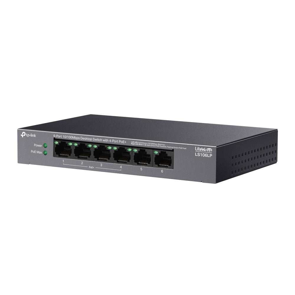 TP-Link LS106LP 6-Port 10/100Mbps Desktop Switch with 4-Port PoE+ | Smart Power Delivery, Long-Range PoE, and Silent Operation