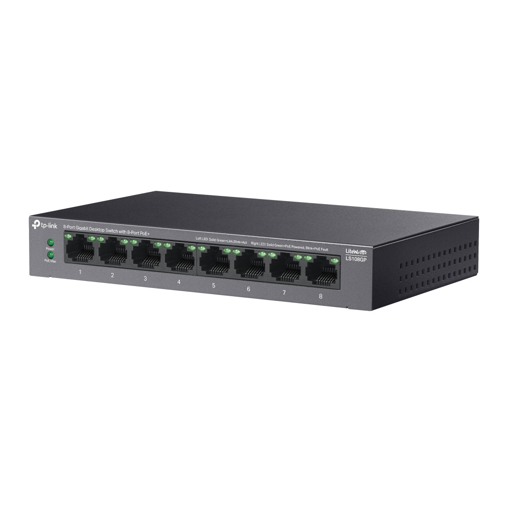 TP-Link LS108GP 8-Port Gigabit Desktop Switch with 8-Port PoE+ | Full-Power PoE+, Extended Range, and Silent Operation for Surveillance and Smart Networks