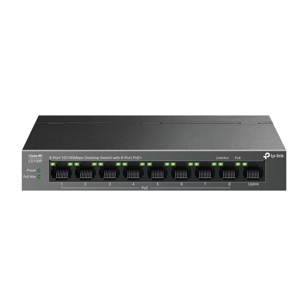 TP-Link LS109P 9-Port 10/100Mbps Desktop Switch with 8-Port PoE+ | Long-Range Power, Secure Traffic Isolation, and Silent Operation