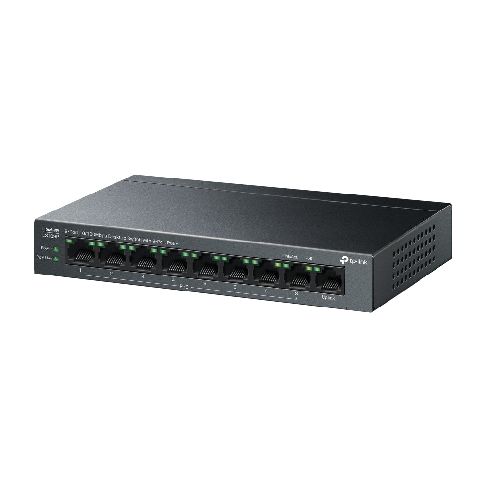 TP-Link LS109P 9-Port 10/100Mbps Desktop Switch with 8-Port PoE+ | Long-Range Power, Secure Traffic Isolation, and Silent Operation