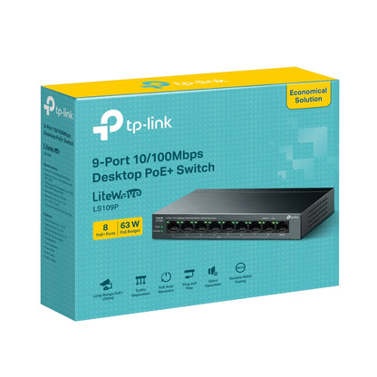 TP-Link LS109P 9-Port 10/100Mbps Desktop Switch with 8-Port PoE+ | Long-Range Power, Secure Traffic Isolation, and Silent Operation