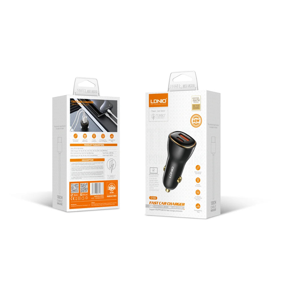 LDNIO C103 30W Type-C Charger | USB-A to USB-C Cable, PD Fast Charging, US Plug, Compact Wall Adapter