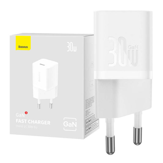Baseus GaN5 Series | Mini Fast Charger | Single USB-C Port | 30W PD Output | GaN5 Technology | Compact Design | Travel-Friendly | White | For Phones, Tablets, USB-C Accessories
