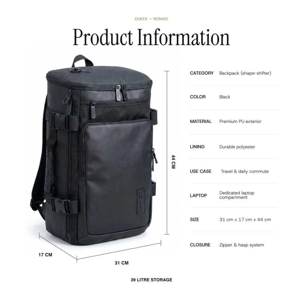 DUKES NOMAD 39L Travel Bag | Briefcase & Backpack | Water-Resistant | Heavy-Duty Oxford Fabric | Modular Strap System | Travel Organizer
