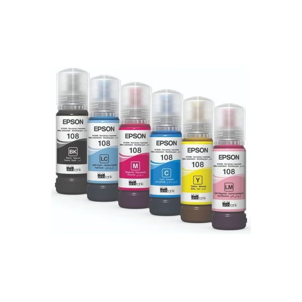 Epson 108 EcoTank Ink Series | 6-Color Dye Ink Bottles for High-Quality Photo Printing