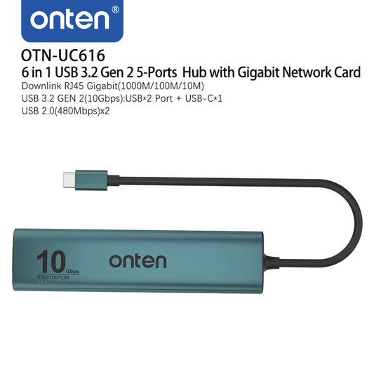 Onten UC616 | 6-in-1 USB-C Hub | RJ45 Gigabit LAN + USB 3.2 Gen 1 × 5 | 5Gbps Transfer | Plug & Play | For MacBook, Surface, Dell XPS, HP Spectre, USB-C Laptops/Tablets