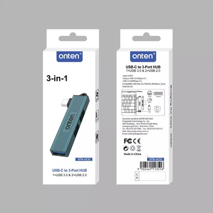 Onten OTN-UC51 | USB-C to 3-Port USB-A Hub | High-Speed Data Transfer | Compact Design | Aluminum Alloy Shell | Plug & Play | For Flash Drives, HDDs, Keyboards, Mice, Printers