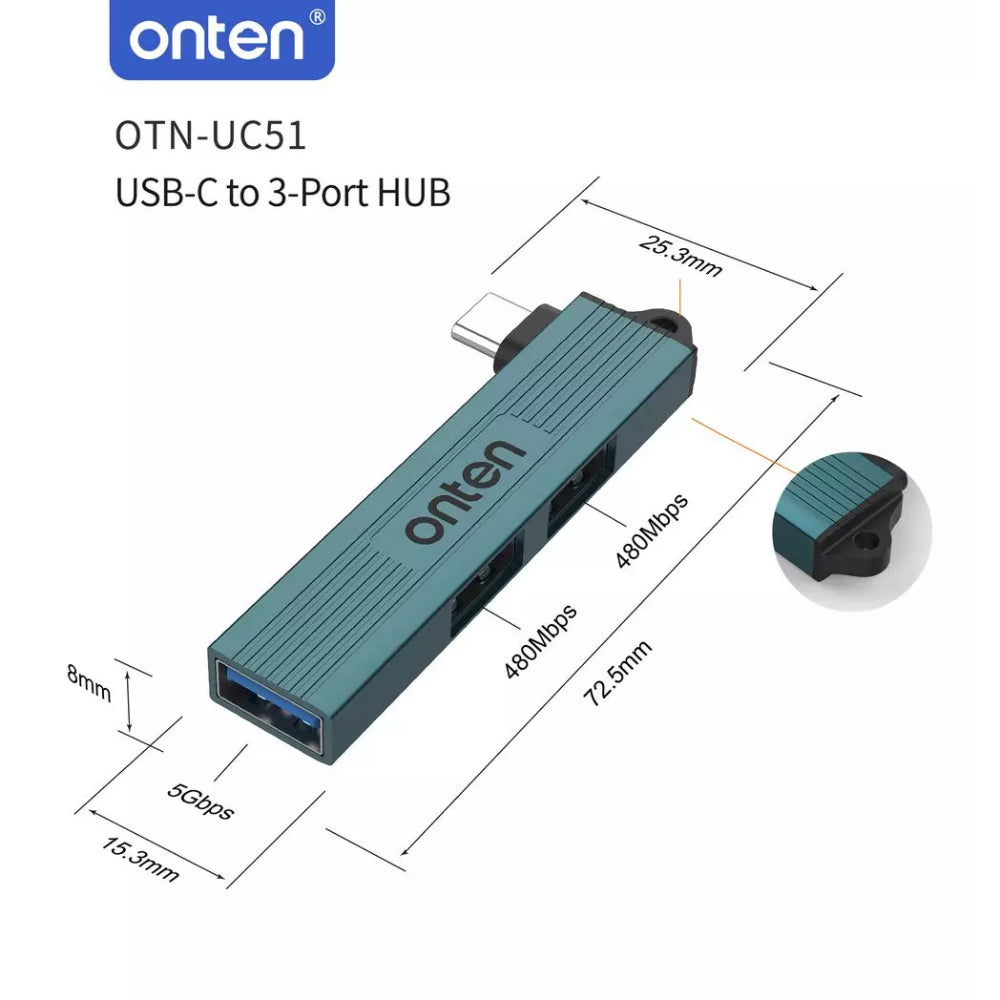 Onten OTN-UC51 | USB-C to 3-Port USB-A Hub | High-Speed Data Transfer | Compact Design | Aluminum Alloy Shell | Plug & Play | For Flash Drives, HDDs, Keyboards, Mice, Printers