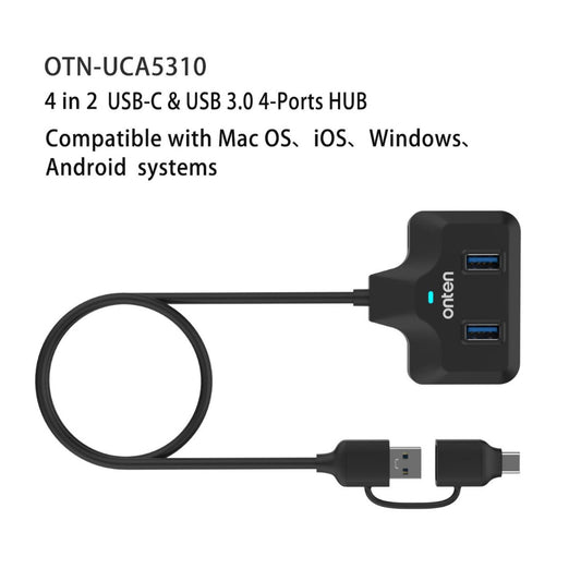 Onten OTN-UCA2310 | 4-in-2 USB-C / USB-A Hub | USB 3.0 × 4 | Dual Input | 5Gbps Transfer | Plug & Play | For MacBook, Surface, Dell XPS, HP Spectre, PCs, Smart TVs