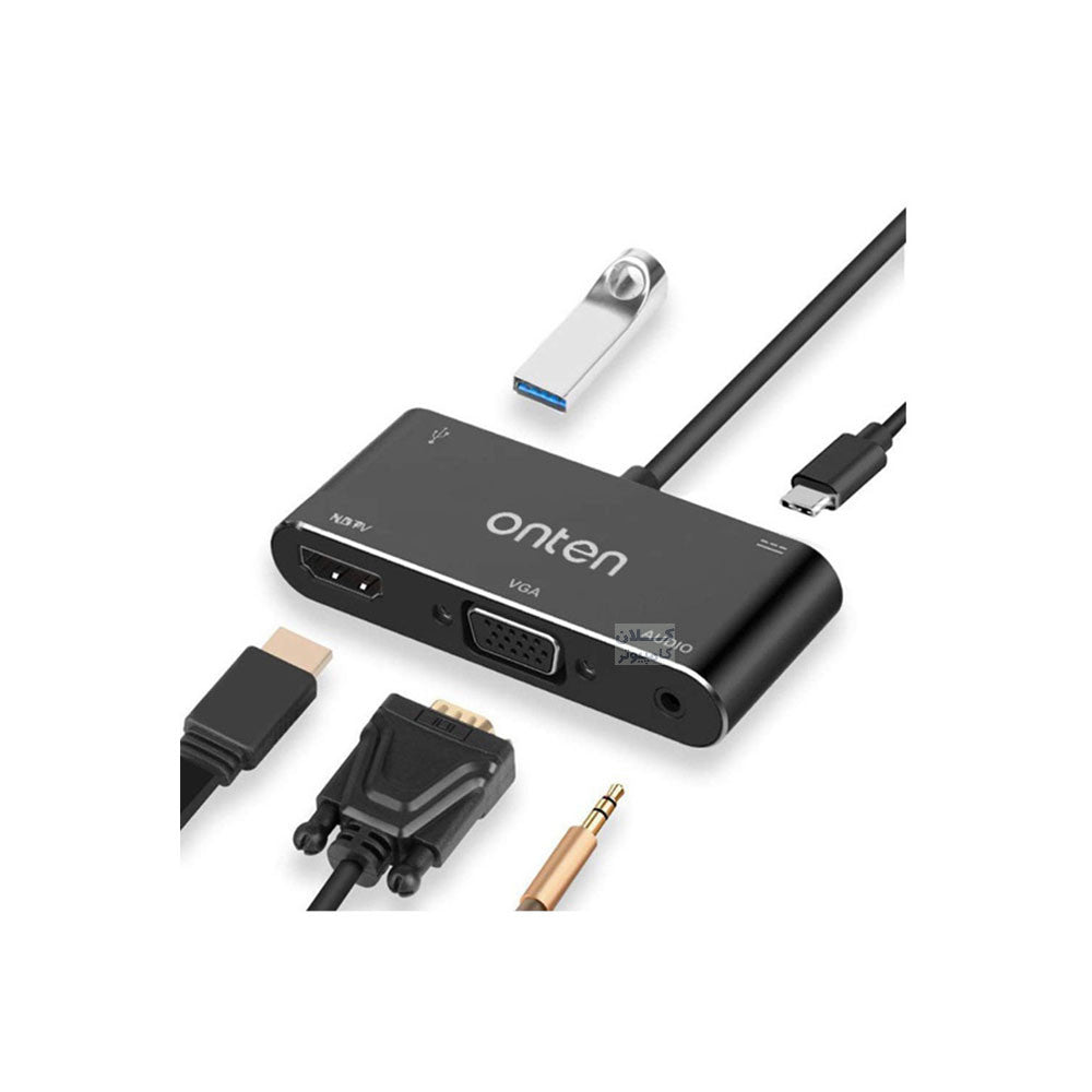 Onten 9573S | 5-in-1 USB-C Hub | HDMI 4K@30Hz + VGA + USB 3.0 + 3.5mm Audio + 100W PD Charging | Plug & Play | For MacBook, Surface, Dell XPS, HP Spectre, USB-C Laptops/Tablets