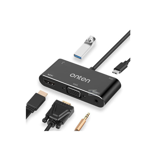 Onten 9573S | 5-in-1 USB-C Hub | HDMI 4K@30Hz + VGA + USB 3.0 + 3.5mm Audio + 100W PD Charging | Plug & Play | For MacBook, Surface, Dell XPS, HP Spectre, USB-C Laptops/Tablets