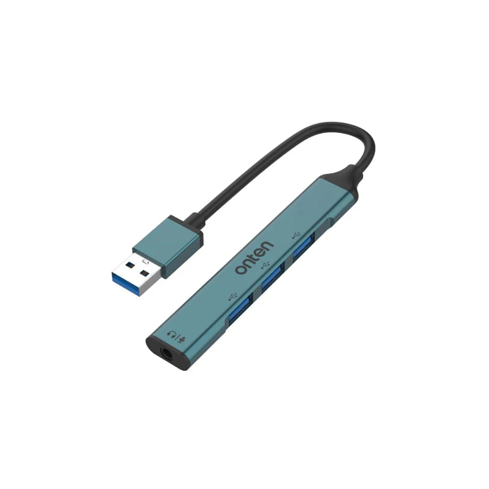 Onten 5706 | USB-A to 3.5mm Audio Adapter + USB 3.0 × 3 Hub | 5Gbps Transfer | Plug & Play | For PCs, Laptops, Smart TVs, Consoles