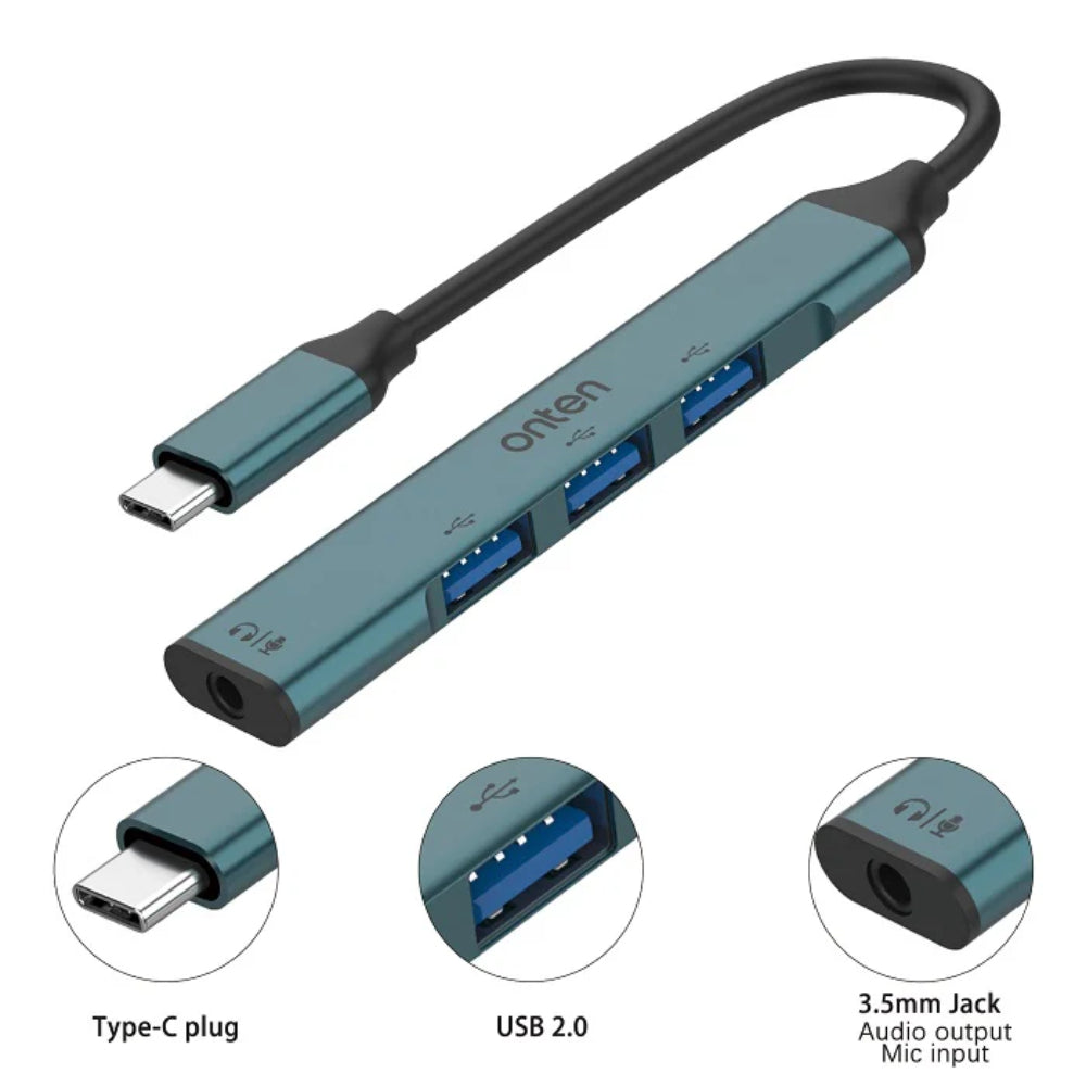 Onten 9706 | USB-C to 3.5mm Audio Adapter + USB 3.0 × 3 Hub | 5Gbps Transfer | Plug & Play | For MacBook, Surface, Dell XPS, Android Phones, USB-C Laptops/Tablets