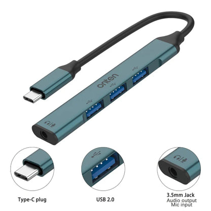 Onten 9706 | USB-C to 3.5mm Audio Adapter + USB 3.0 × 3 Hub | 5Gbps Transfer | Plug & Play | For MacBook, Surface, Dell XPS, Android Phones, USB-C Laptops/Tablets
