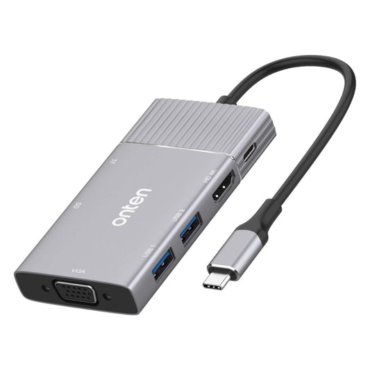 Onten OTN-95113 | 7-in-1 USB-C Multifunction Adapter | HDMI 4K + VGA + USB 3.0×2 + SD/TF + 3.5mm Audio + 100W PD Charging | Plug & Play | For MacBook, Surface, Dell XPS, HP Spectre, USB-C Laptops/Tablets