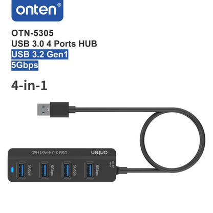 Onten OTN-5305 | USB 3.0 4-Port Hub | 4× USB-A Outputs | 5Gbps Transfer Speed | USB-C Power Input | Plug & Play | For Flash Drives, HDDs, Keyboards, Mice, Printers