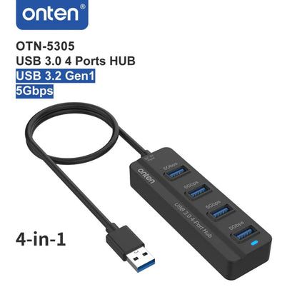 Onten OTN-5305 | USB 3.0 4-Port Hub | 4× USB-A Outputs | 5Gbps Transfer Speed | USB-C Power Input | Plug & Play | For Flash Drives, HDDs, Keyboards, Mice, Printers