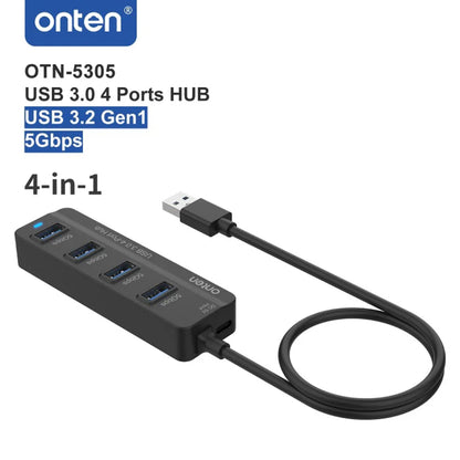 Onten OTN-5305 | USB 3.0 4-Port Hub | 4× USB-A Outputs | 5Gbps Transfer Speed | USB-C Power Input | Plug & Play | For Flash Drives, HDDs, Keyboards, Mice, Printers