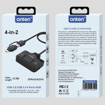 Onten OTN-UCA5310 | 4-in-2 USB-C / USB-A Hub | USB 3.0 × 4 | Dual Input | 5Gbps Transfer | Plug & Play | For MacBook, Surface, Dell XPS, HP Spectre, USB-C & USB-A Laptops/Tablets